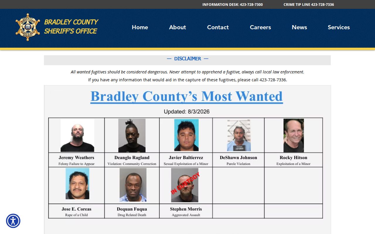 Bradley County Sheriff wanted and arrest warrant page