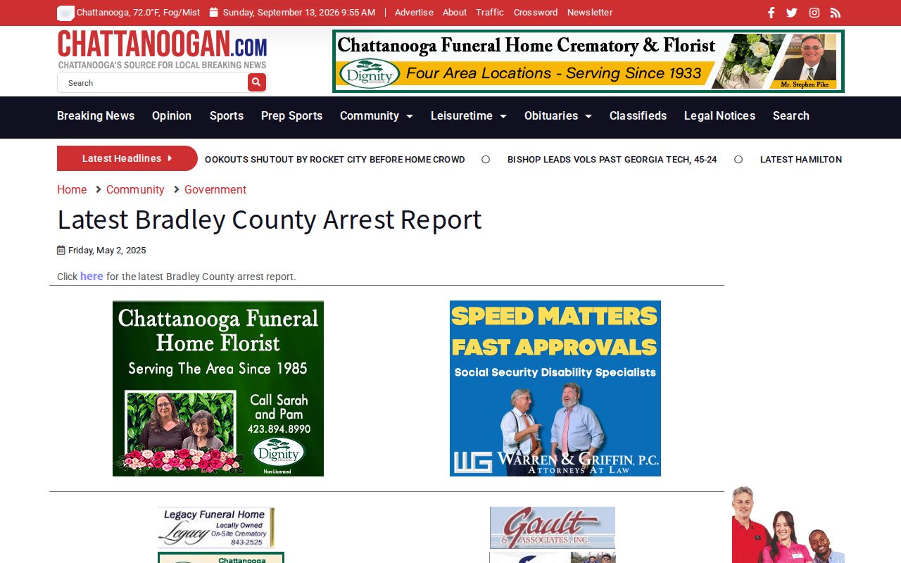 Bradley County arrest report link on local news site